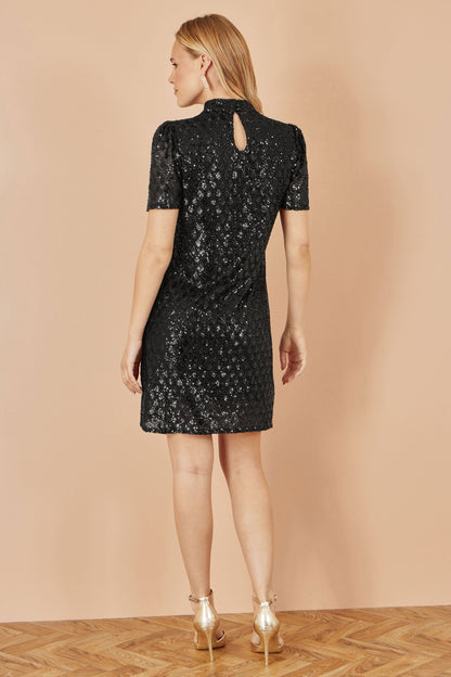 Yumi Black Sequin Tunic Dress with Chevron Pattern & Keyhole Neckline