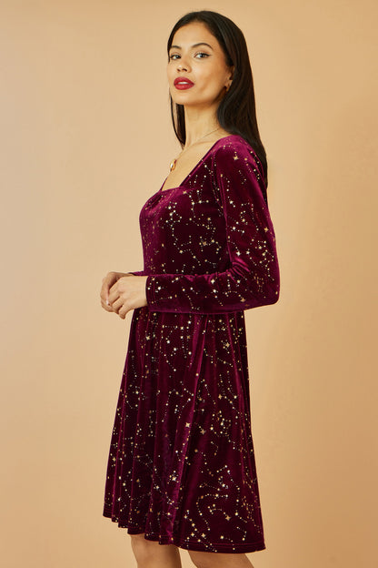 Yumi Burgundy Star Foil Print Long Sleeve Skater Dress