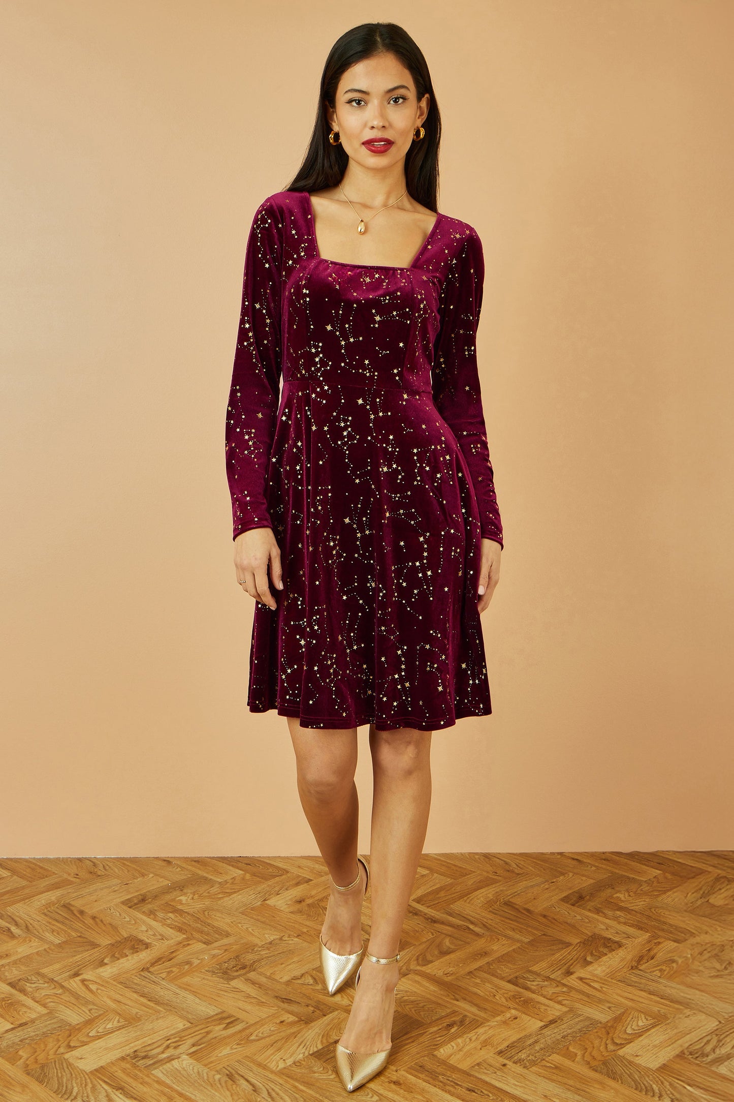 Yumi Burgundy Star Foil Print Long Sleeve Skater Dress