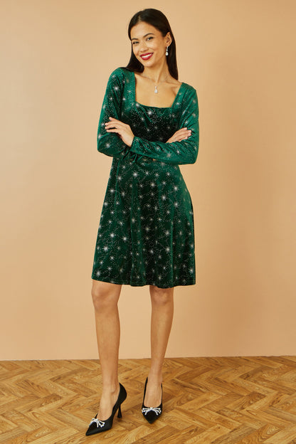 Yumi Green Starburst Foil Print Long Sleeve Skater Dress
