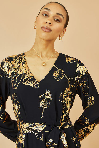 Yumi Black Foil Rose Print Midi Dress