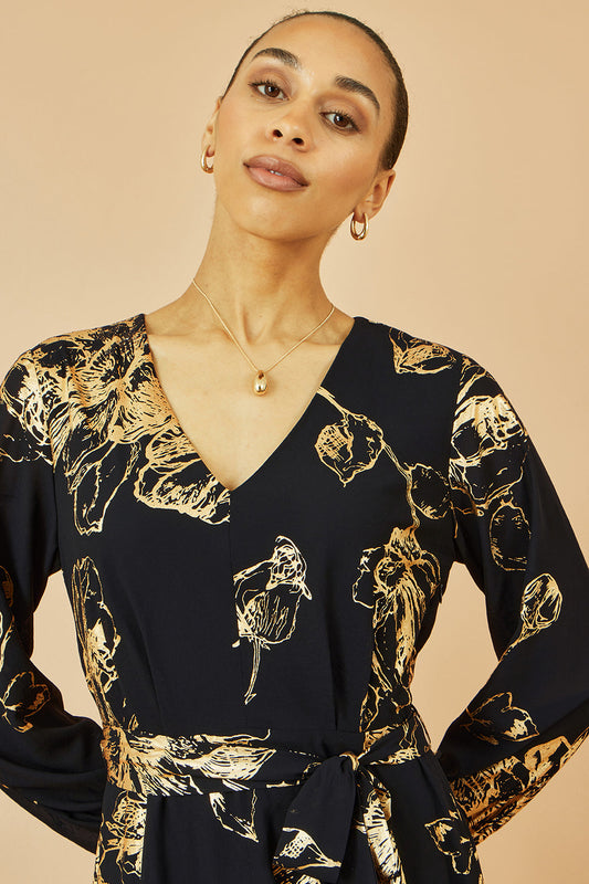 Yumi Black Foil Rose Print Midi Dress