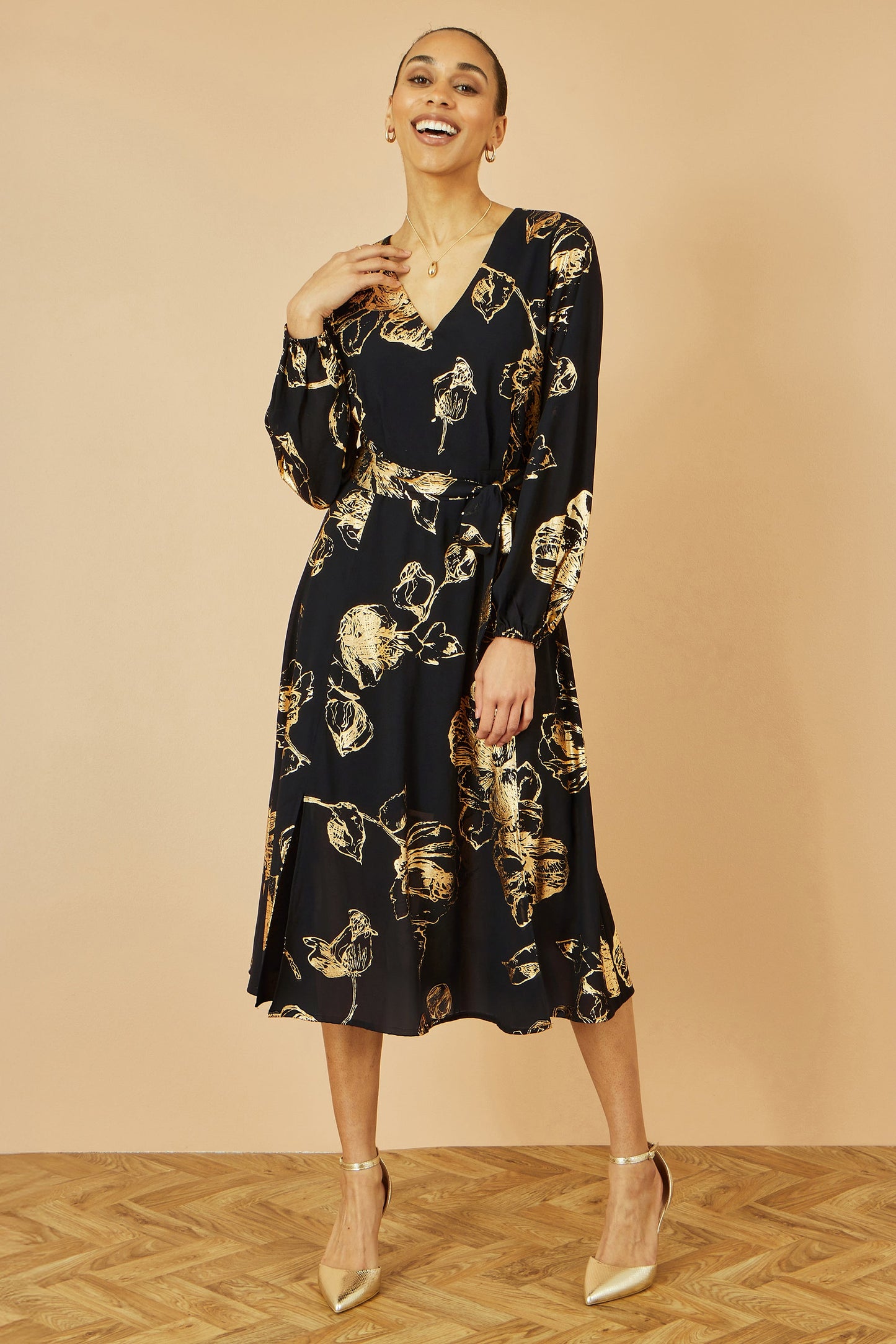Yumi Black Foil Rose Print Midi Dress