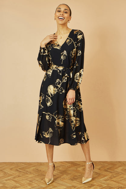 Yumi Black Foil Rose Print Midi Dress