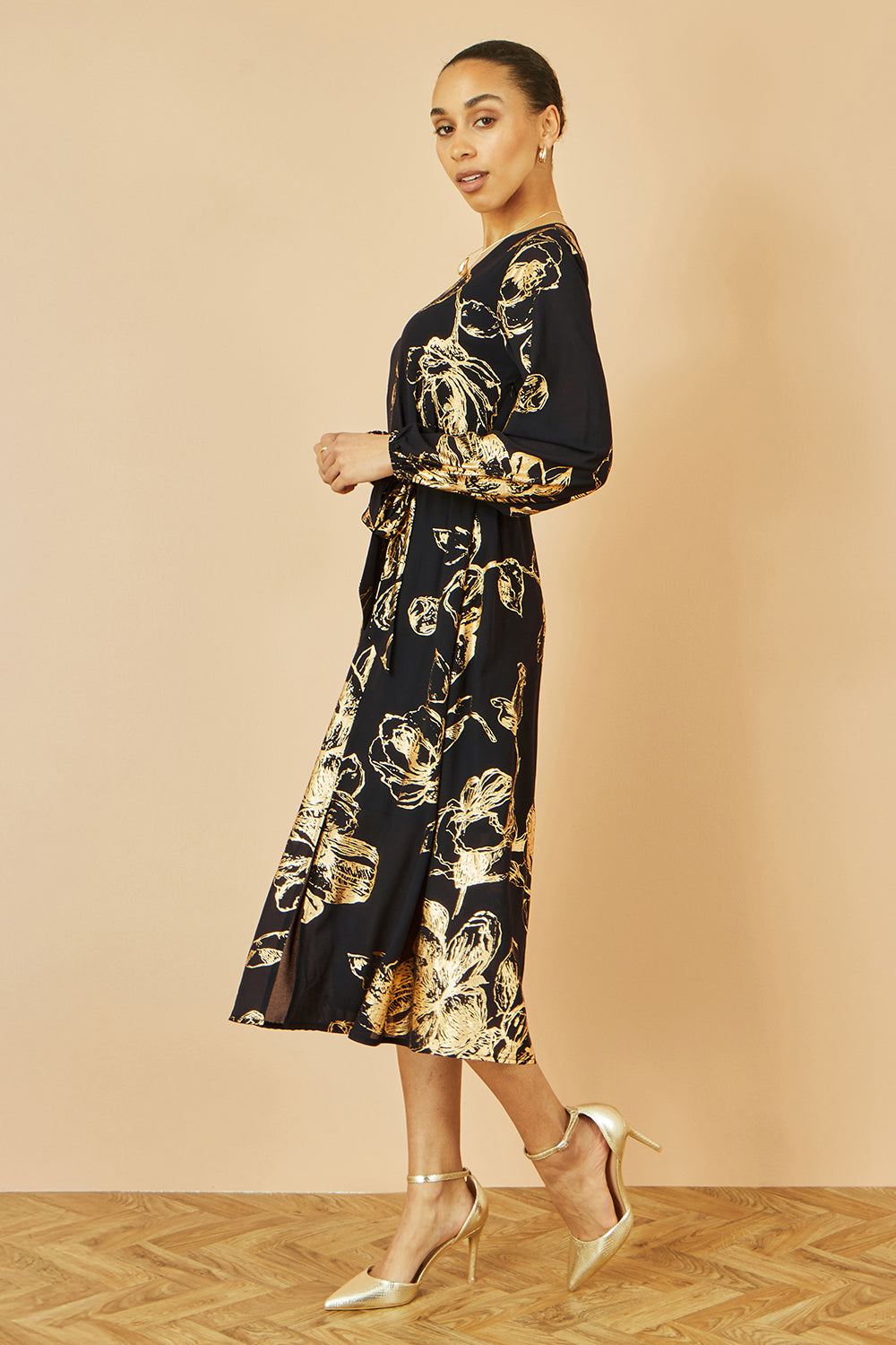 Yumi Black Foil Rose Print Midi Dress