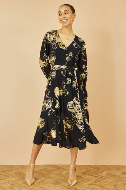 Yumi Black Foil Rose Print Midi Dress