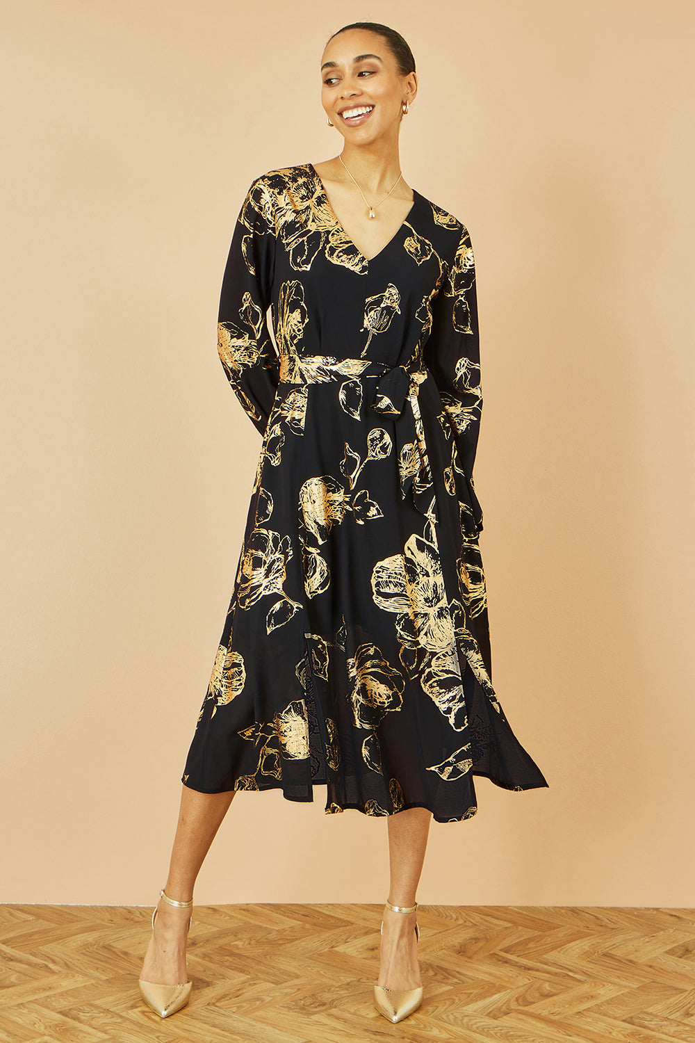 Yumi Black Foil Rose Print Midi Dress
