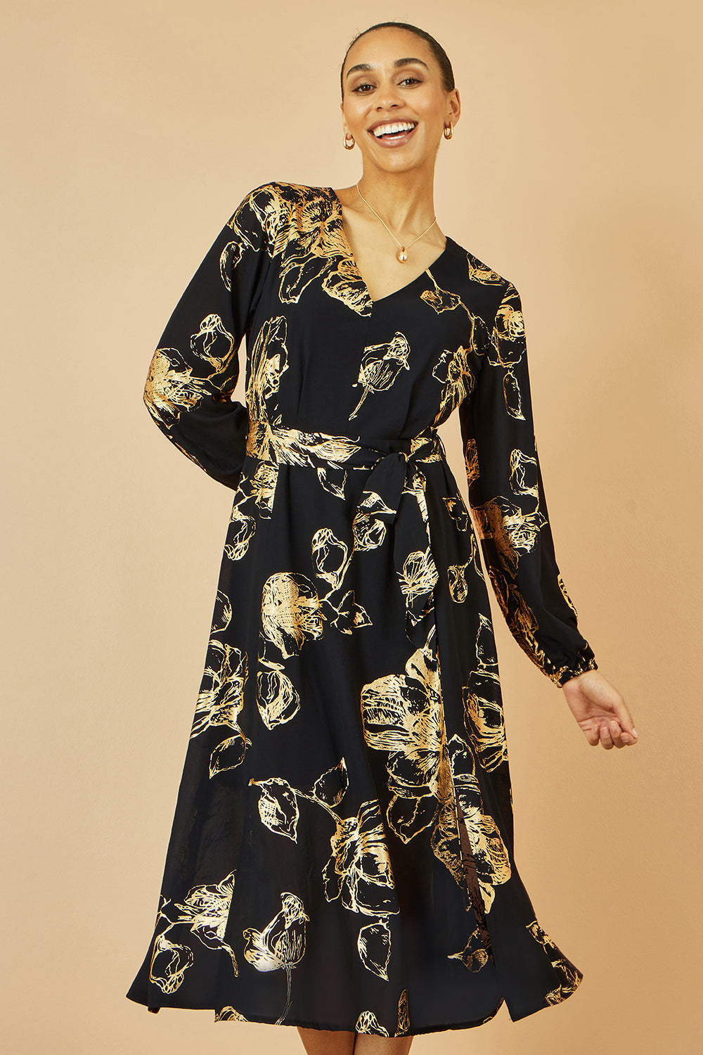 Yumi Black Foil Rose Print Midi Dress