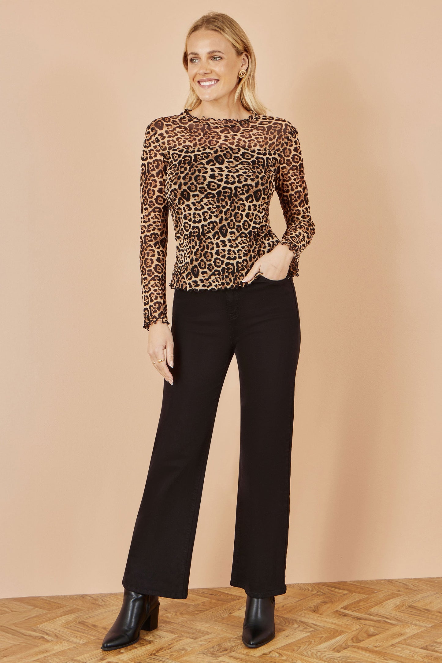 Yumi Brown Leopard Print Mesh Stretch Fitted Top