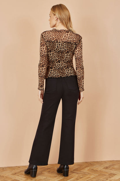 Yumi Brown Leopard Print Mesh Stretch Fitted Top
