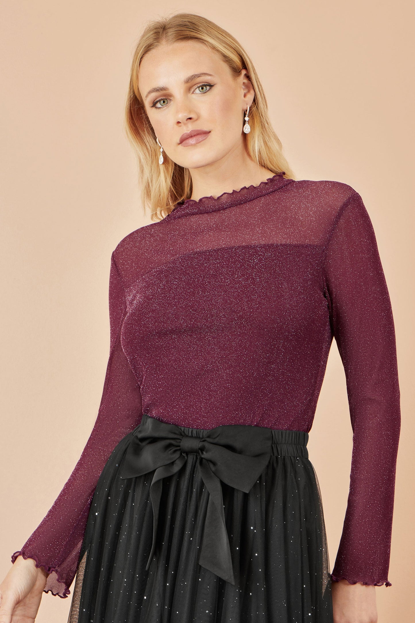 Yumi Burgundy Shimmer Print Mesh Stretch Fitted Top