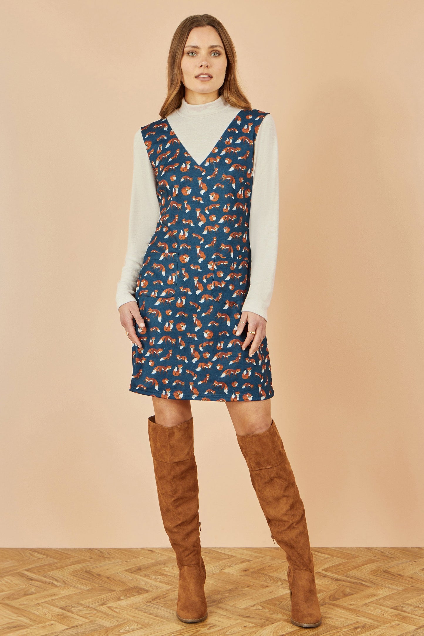 Yumi Navy Fox Long Sleeve Layered Tunic Dress With Front Pocket