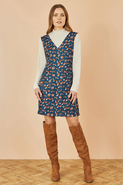 Yumi Navy Fox Long Sleeve Layered Tunic Dress With Front Pocket