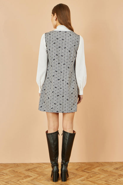 Yumi Grey Bow Print Pinafore Dress With Button Up