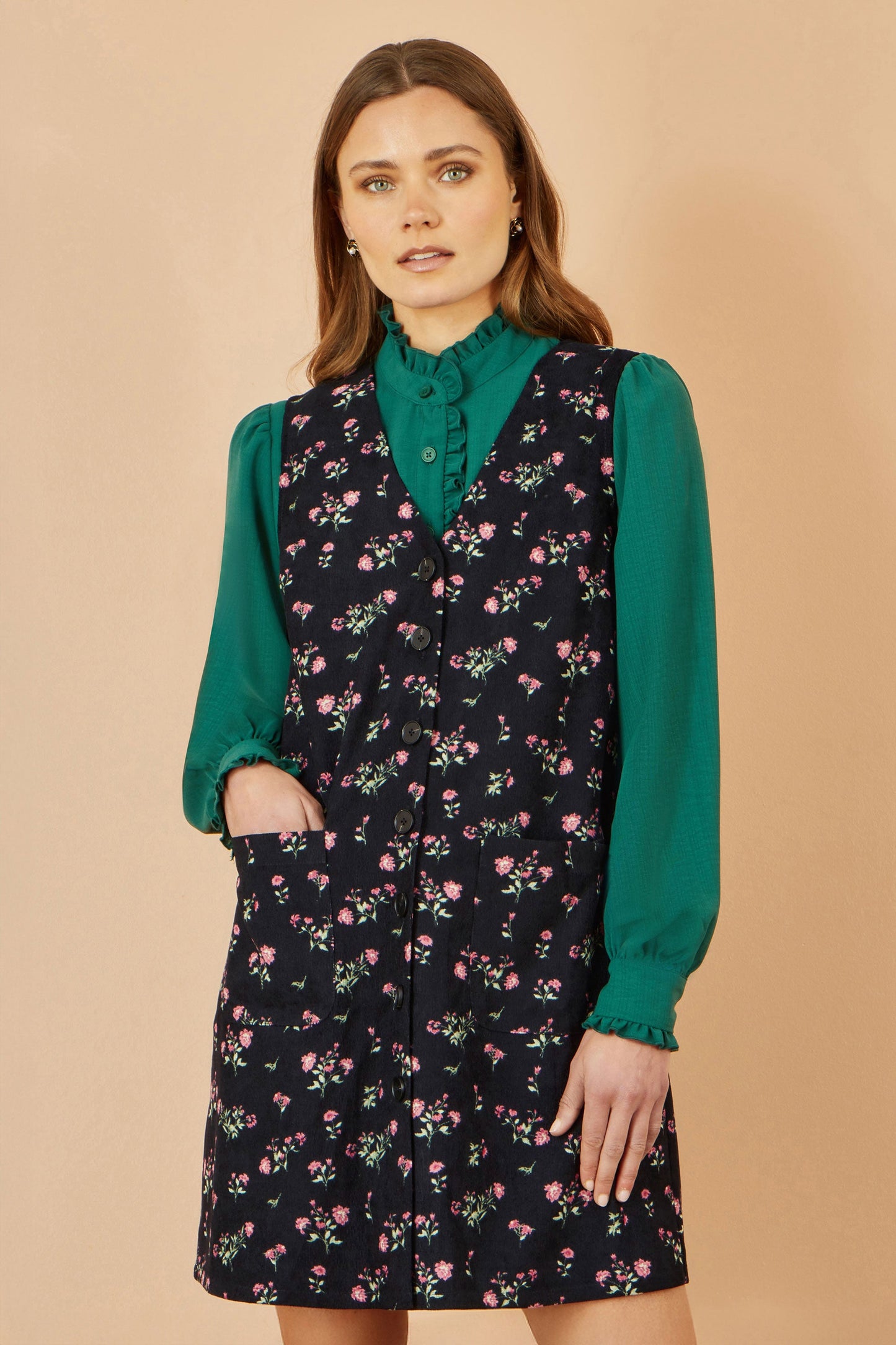 Yumi Black Floral Print Pinafore Dress With Button Up