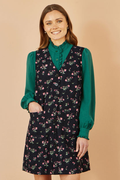 Yumi Black Floral Print Pinafore Dress With Button Up
