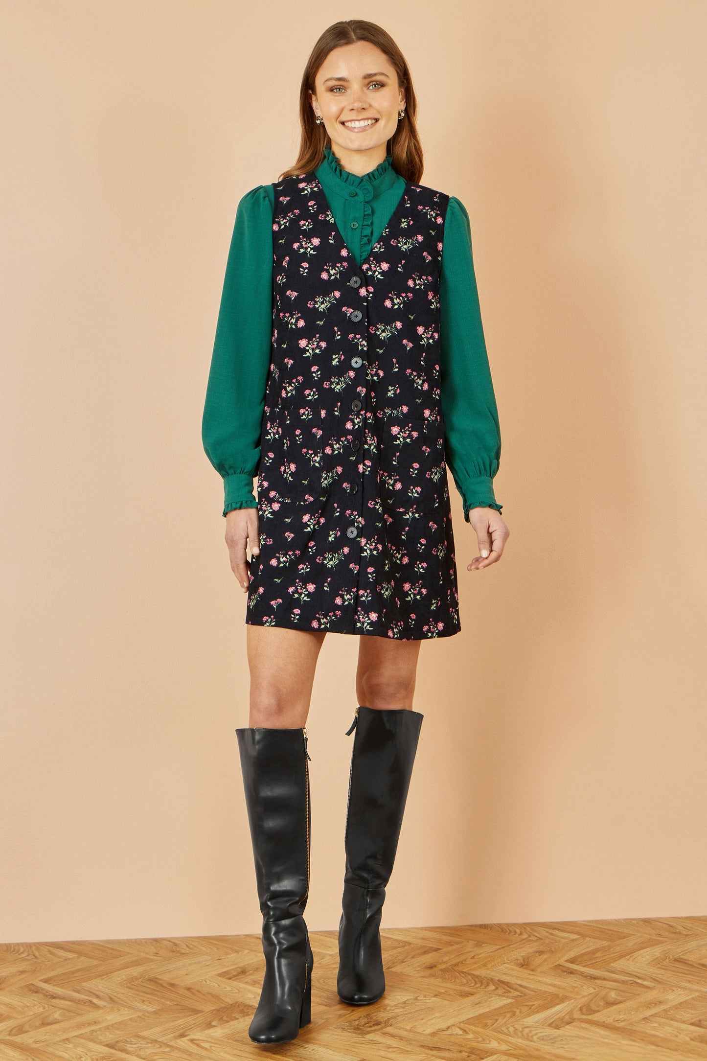 Yumi Black Floral Print Pinafore Dress With Button Up