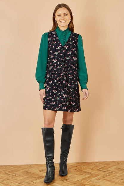 Yumi Black Floral Print Pinafore Dress With Button Up