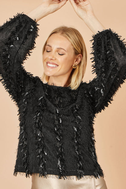 Yumi Black Hanging Sequin Long Sleeve Top