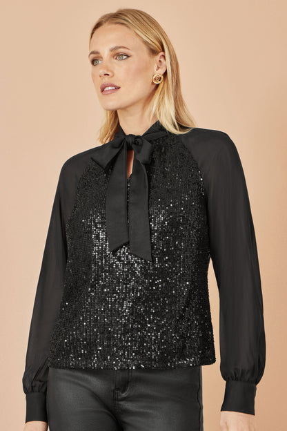 Yumi Black Sequin Pussy Bow Top