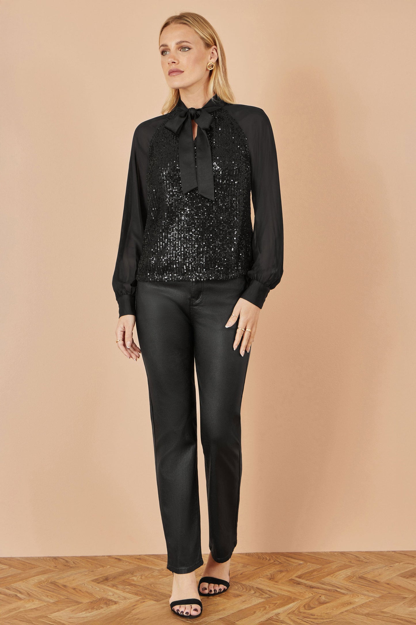 Yumi Black Sequin Pussy Bow Top