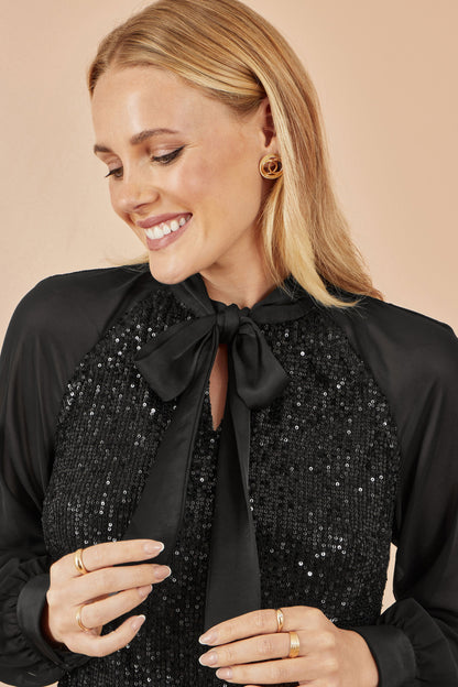 Yumi Black Sequin Pussy Bow Top