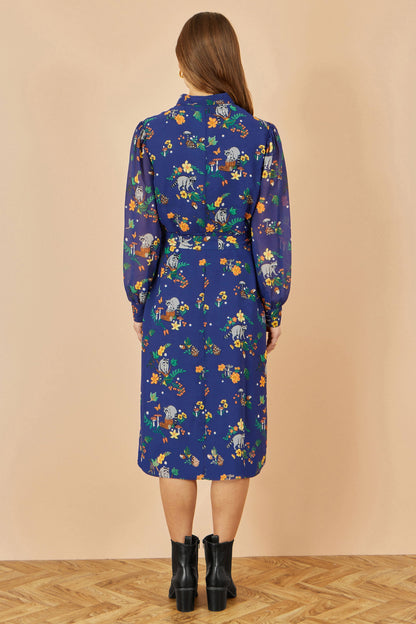 Yumi Recycled Navy Raccoon Print Shirt Midi Dress