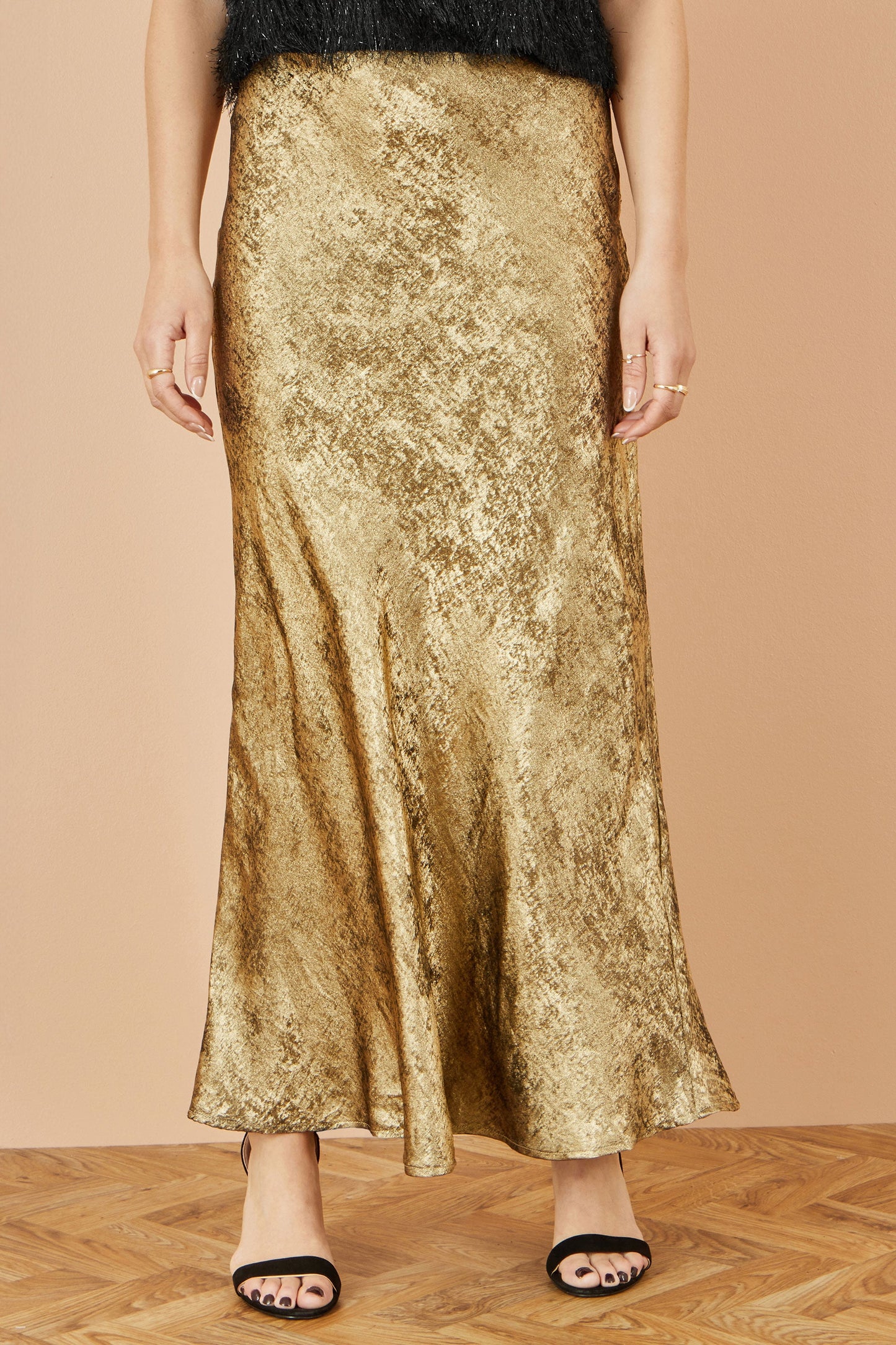 Yumi Gold Satin Midi Skirt