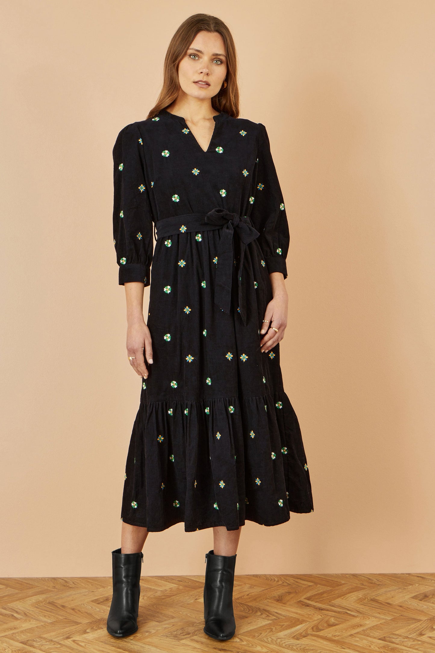 Yumi Black Flower Embroidery Midi Cord Dress