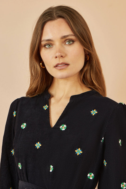 Yumi Black Flower Embroidery Midi Cord Dress