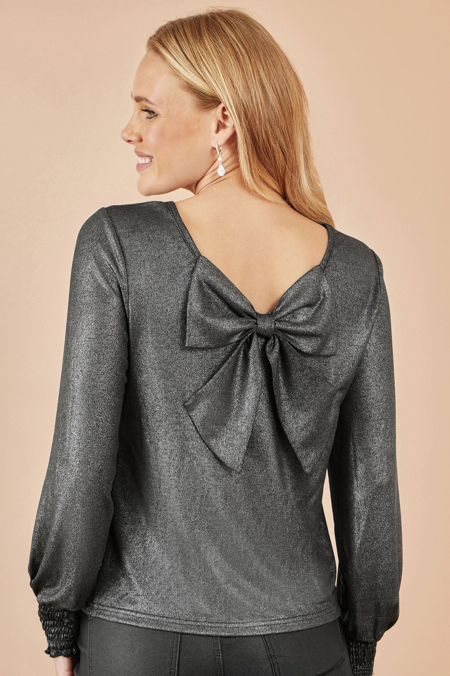 Yumi Black Metallic Bow Back Top