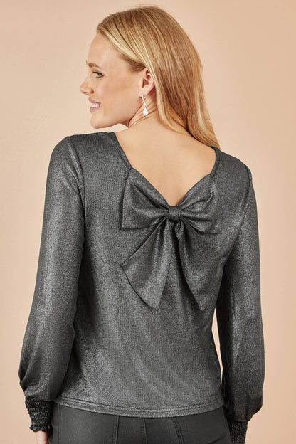 Yumi Black Metallic Bow Back Top