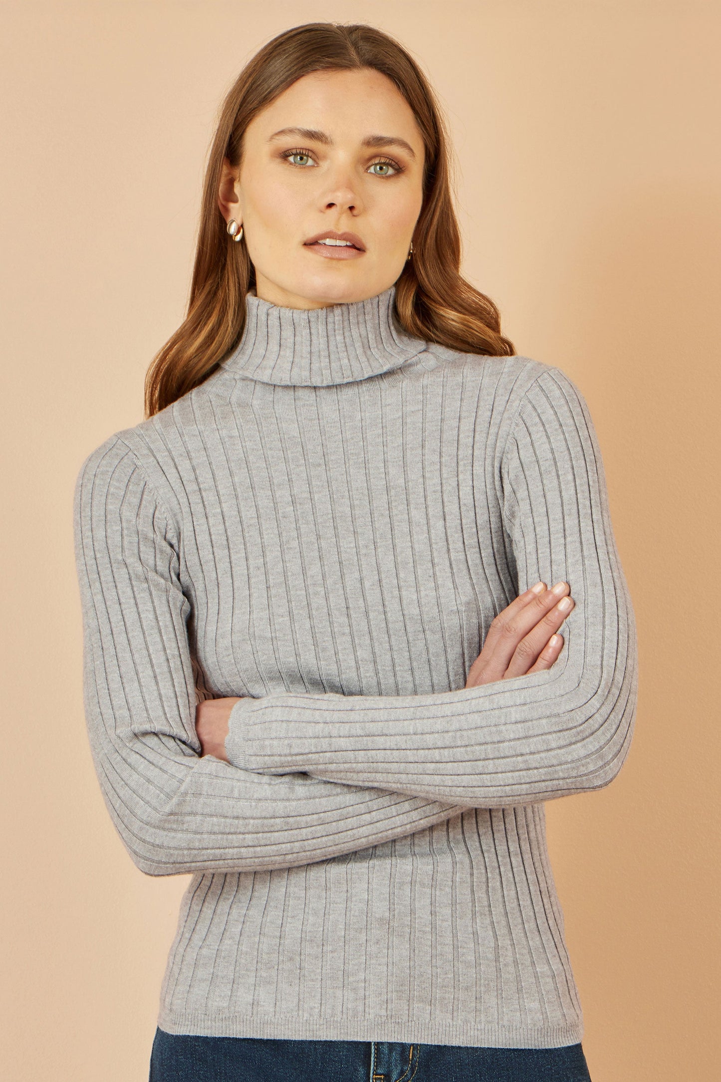 Yumi Grey Ribbed Knit Roll Neck Jumper