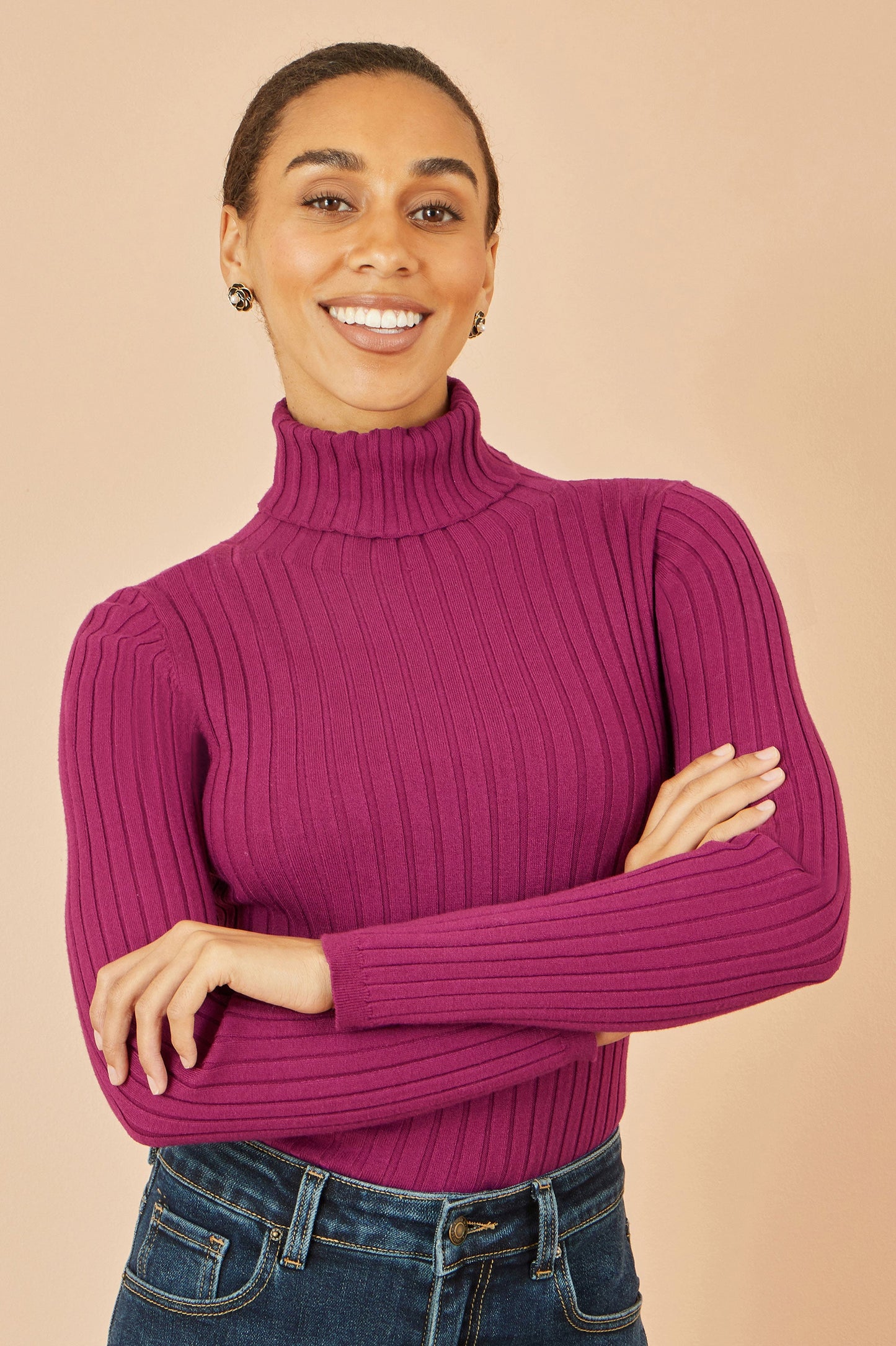 Yumi Plum Ribbed Knit Roll Neck Jumper