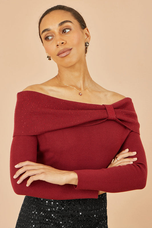 Yumi Burgundy Sparkle Bardot Jumper With Diamante Detail