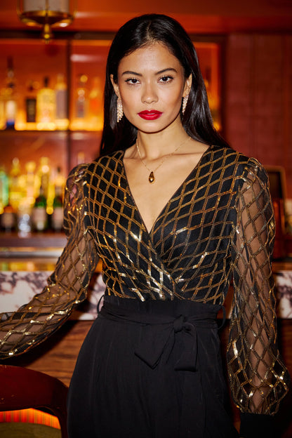Yumi Black And Gold Sequin Wrap Over Jumpsuit