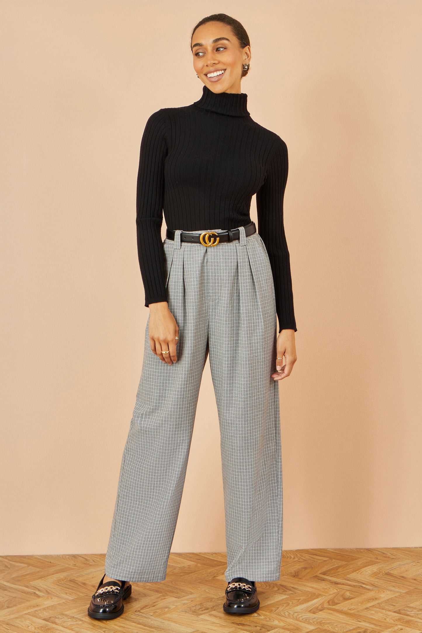 Yumi Grey Check Wide Leg Trousers