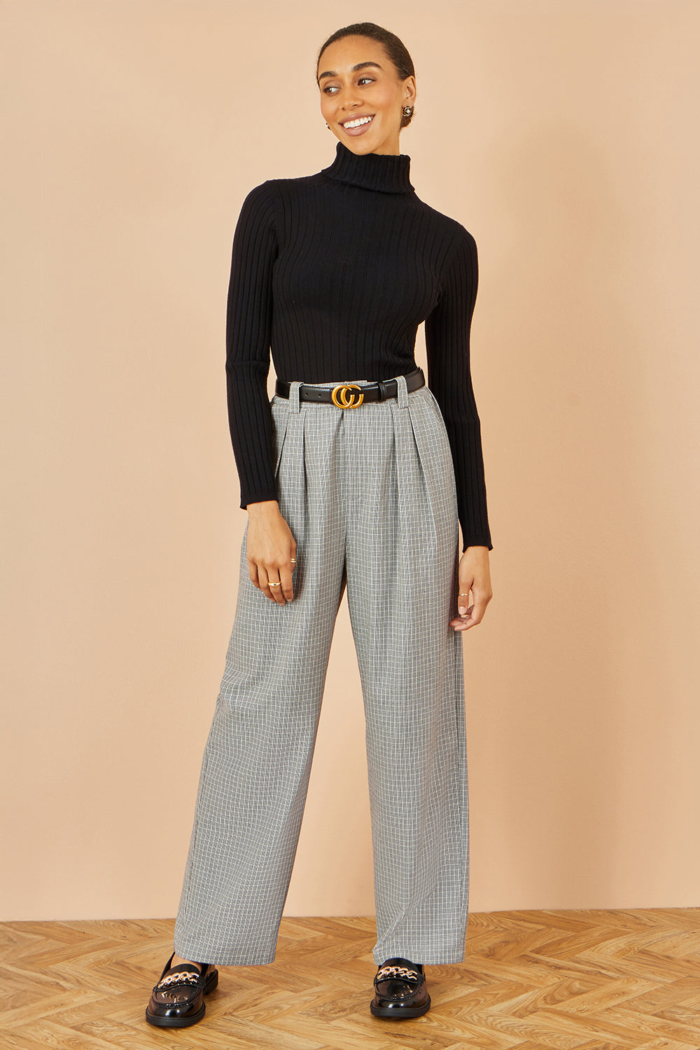 Yumi Grey Check Wide Leg Trousers