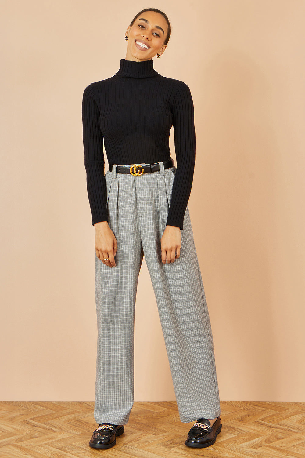 Yumi Grey Check Wide Leg Trousers