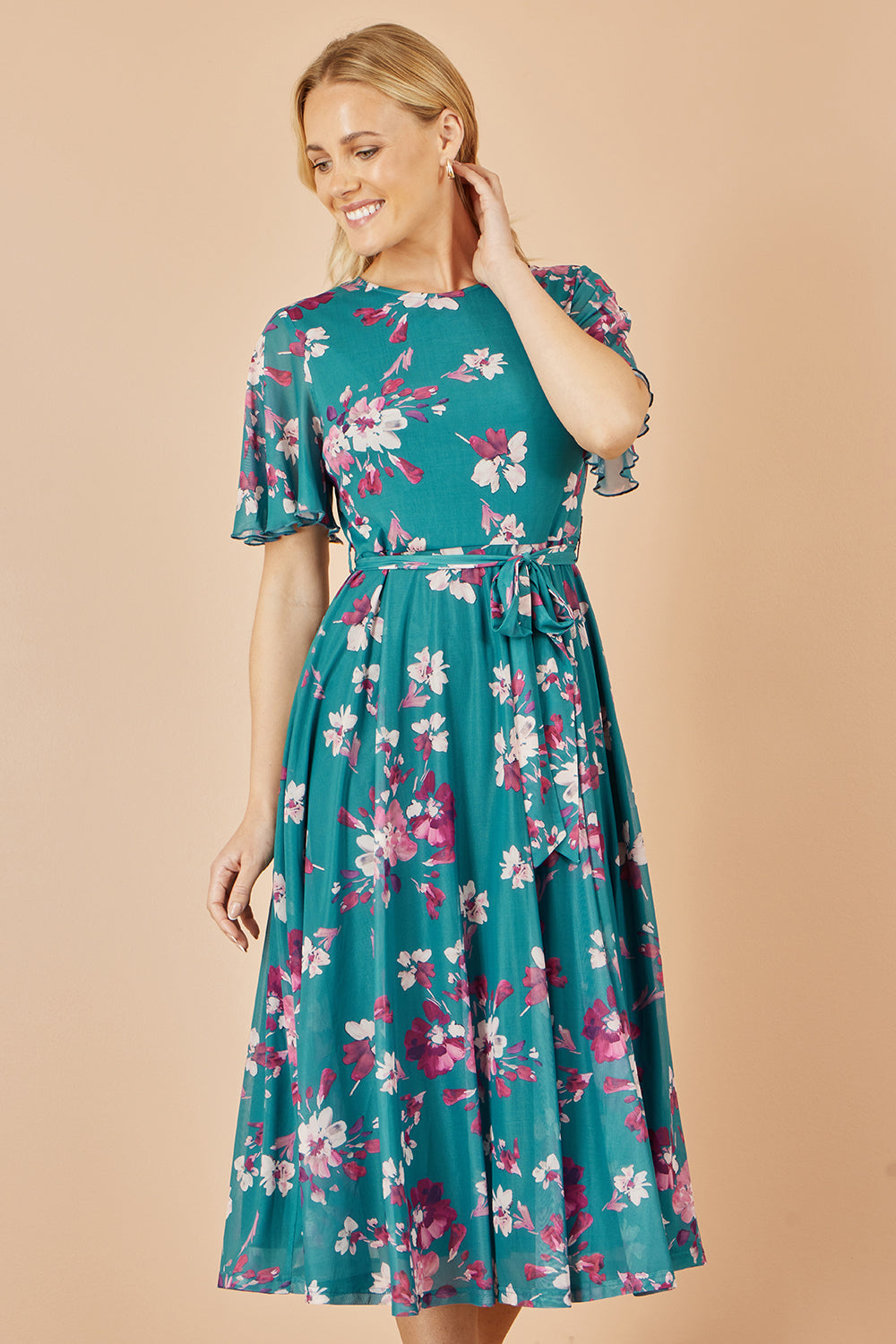 Yumi Teal Mesh Skater Floral Midi Dress