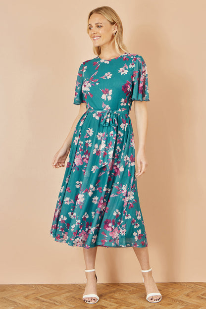 Yumi Teal Mesh Skater Floral Midi Dress