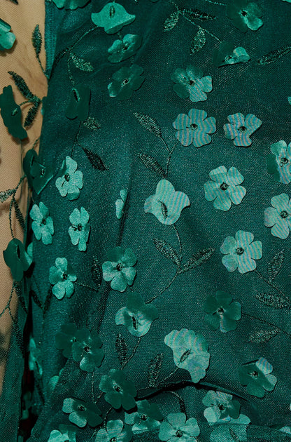 Yumi Green Sheer Sleeve Applique Flower Top