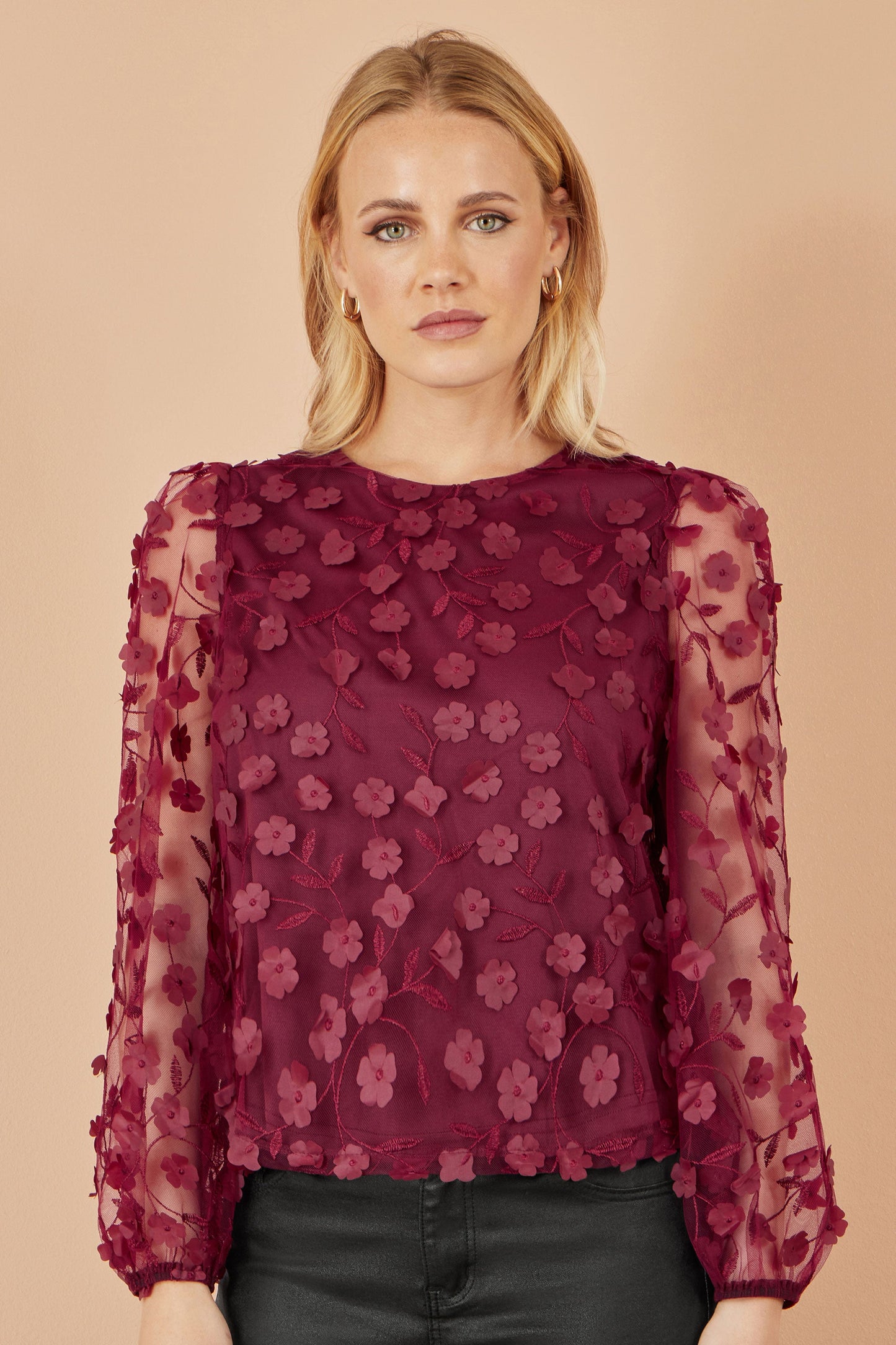 Yumi Burgundy Sheer Sleeve Applique Flower Top