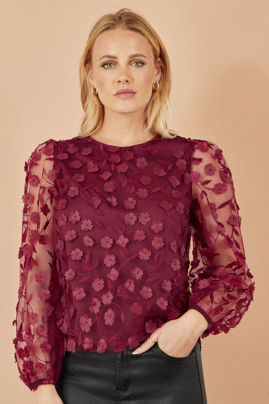 Yumi Burgundy Sheer Sleeve Applique Flower Top