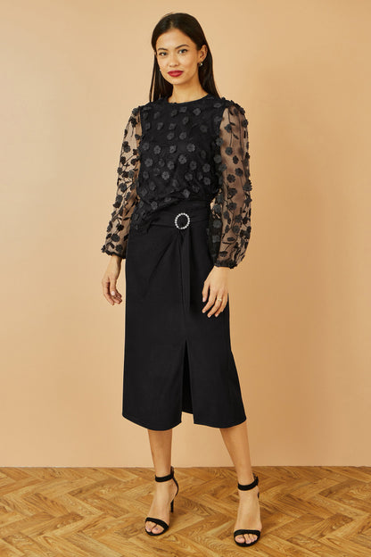 Yumi Black Sheer Sleeve Applique Flower Top