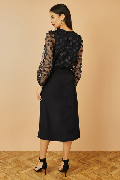 Yumi Black Sheer Sleeve Applique Flower Top