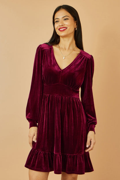 Yumi Burgundy Velvet Long Sleeve Skater Dress