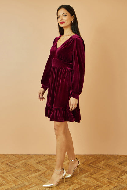 Yumi Burgundy Velvet Long Sleeve Skater Dress