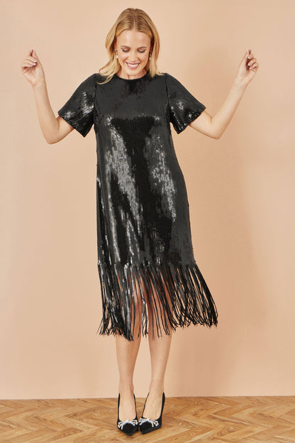 Yumi Black Sequin Tassels Hem Midi Tunic Dress