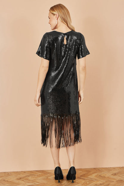 Yumi Black Sequin Tassels Hem Midi Tunic Dress